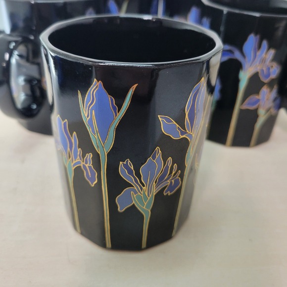 Otagiri Blue Iris Coffee Mugs Set of 5 Black Floral Japan Vintage - Picture 6 of 7
